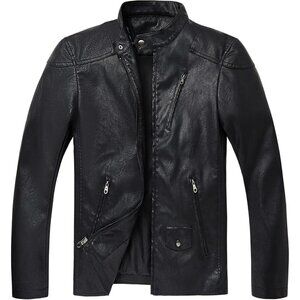 🆕 Men Black Stand Collar Leather Jacket Motorcycle Lightweight Faux Outwear